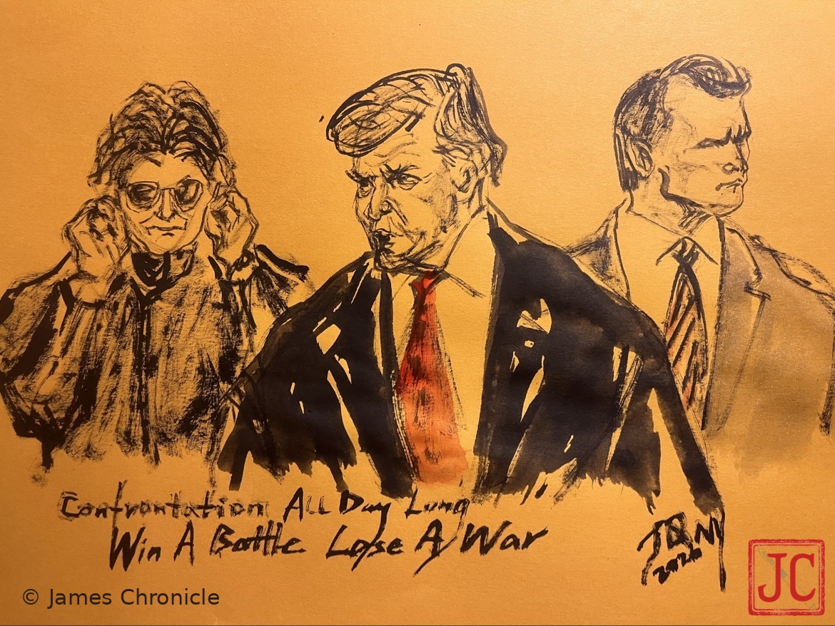 Ink tri-portrait by James: Susie Wiles at left, President Donald Trump at center in a red tie, and Defense Secretary Pete Hegseth at right, on ochre paper, lettered Confrontation All Day Long / Win A Battle Lose A War