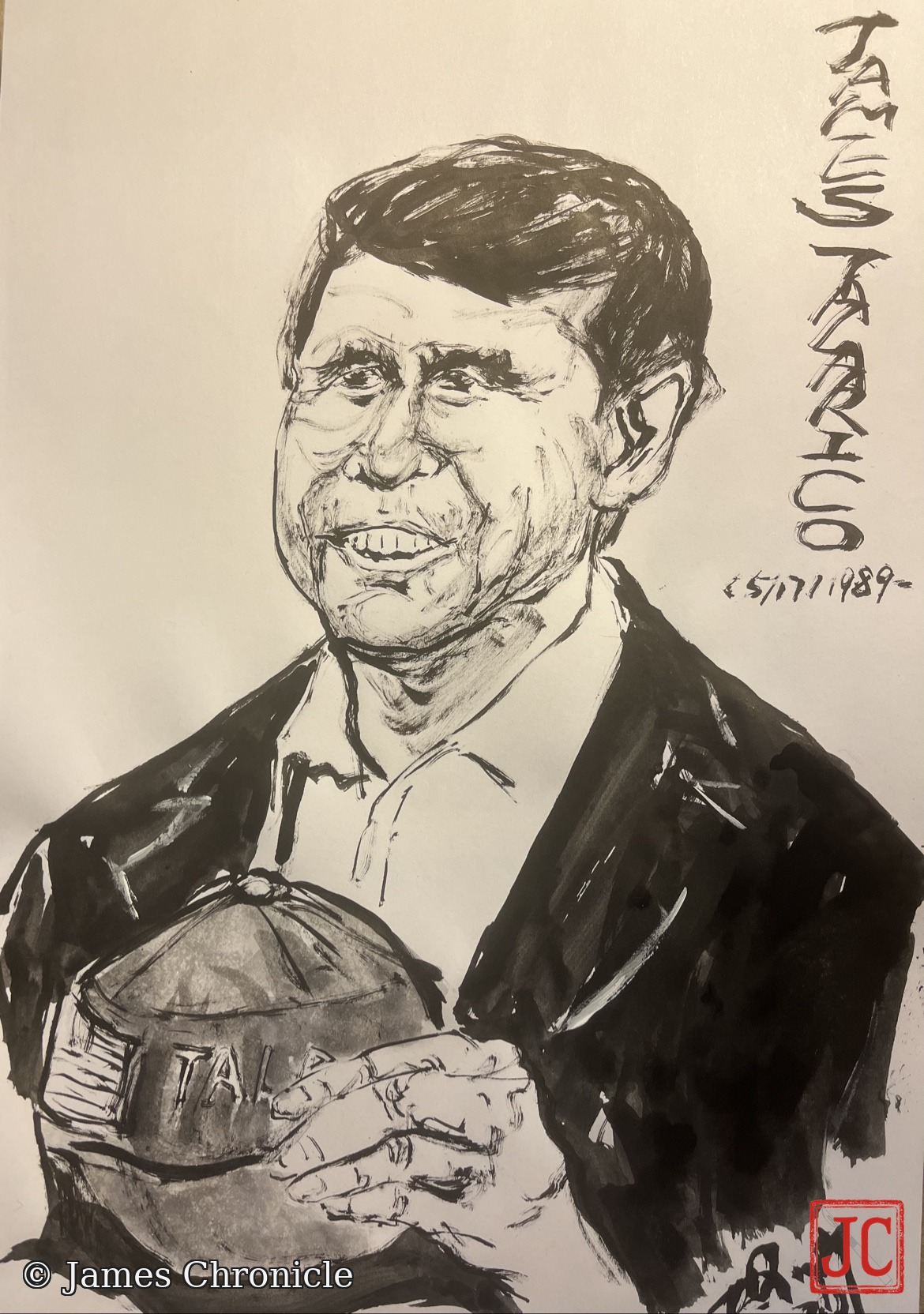 Black ink portrait by James of James Talarico smiling and holding an Austin City Limits cap, with his name hand-lettered along the right edge