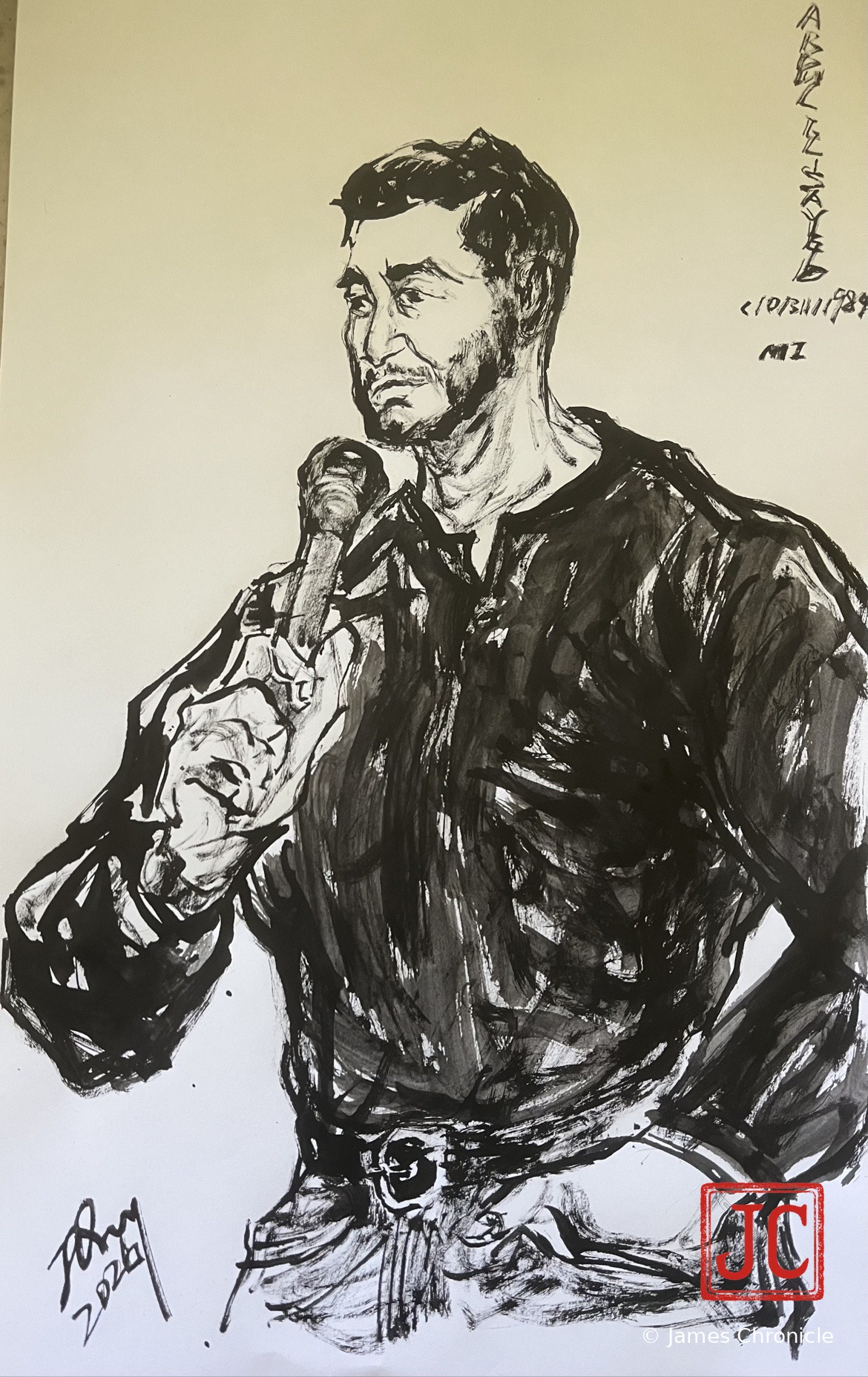 Black ink portrait by James of Abdul El-Sayed holding a microphone, his gaze turned to the side, on toned paper